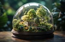 A depiction of the Earth planet enclosed within a glass greenhouse, symbolizing the importance of environmental preservation and protection