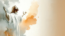 Jesus Christ in worship in front of a watercolor background with copy space.