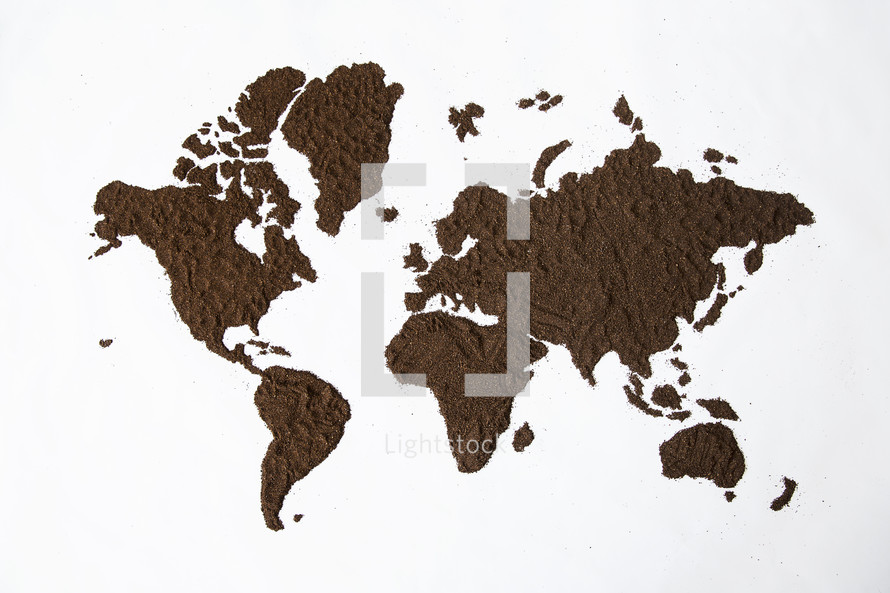 World map made of coffee grounds.