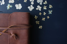leather bound Bible and flowers on a navy background 