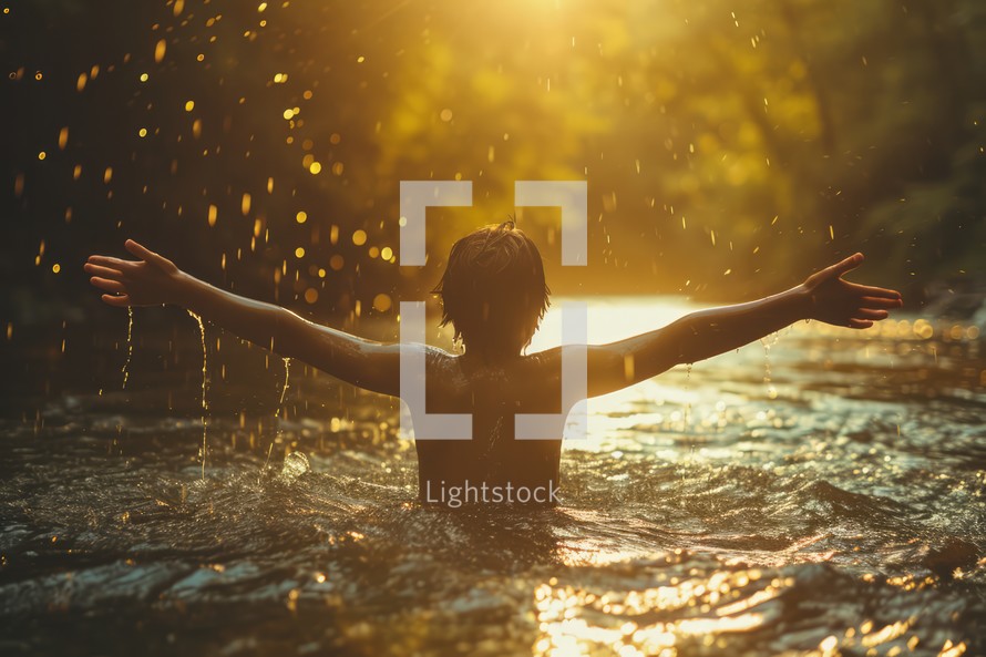Boy with arms outstretched in worship in a river. Beauty and power of Faith. Christian concept.	