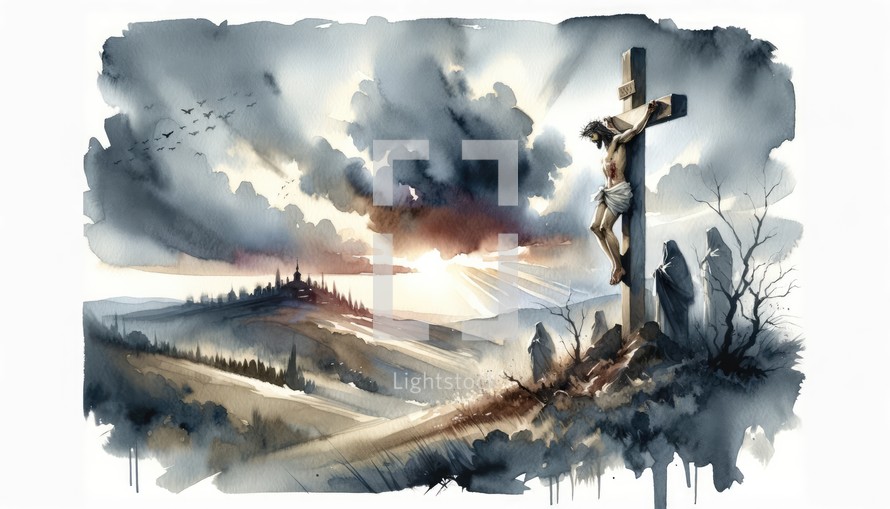 The Crucifixion. Passion. Good Friday. New Testament. Watercolor Biblical Illustration	