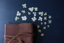 leather case around a Bible and flowers on a navy background 