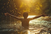 Boy with arms outstretched in worship in a river. Beauty and power of Faith. Christian concept.	