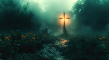  Cross with a light in the meadow with yellow flowers in a dark, foggy morning.