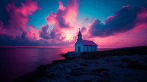 Beautiful sunset over the church on the seashore
