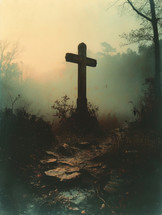 Cross on the path, with a misty background.