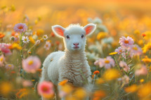  Cute lamb in a field of daisies on a sunny day