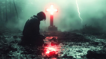 Cross in the light with a man kneeling in front of it. Dark, foggy landscape.