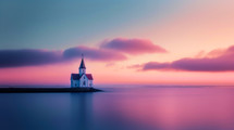  Beautiful seascape with church at sunset. Long exposure.
