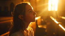 Sunlit prayer. Young girl praying in the church in the sunbeams shining through the window.