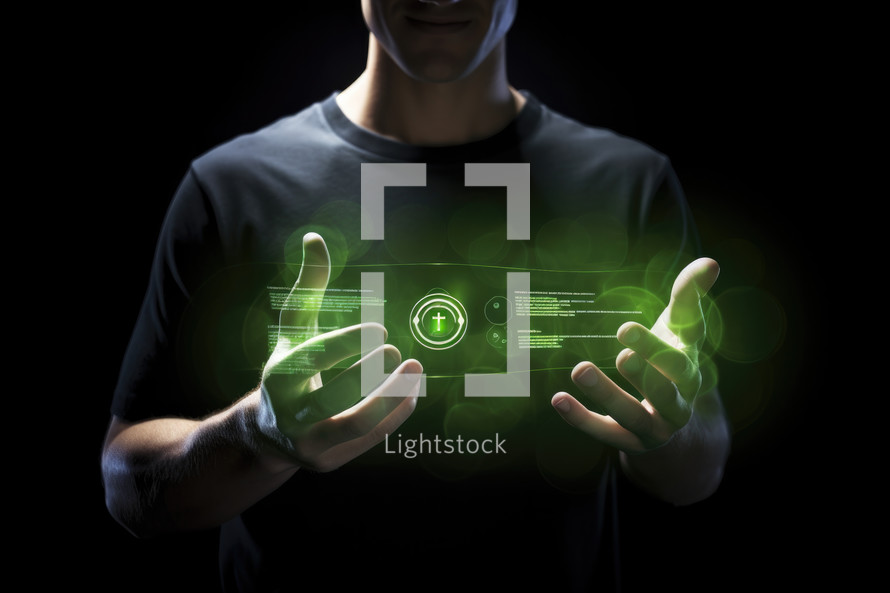 Close up of man holding holographic tablet pc with media screen on dark background with a cross