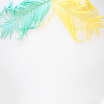 mint and yellow feathers on a white background 