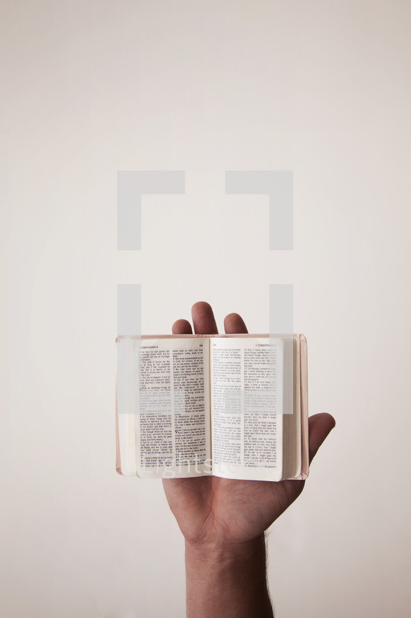 hold holding a pocket sized Bible 