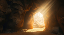 Interior of a cave with sunlight coming through the hole in the rock