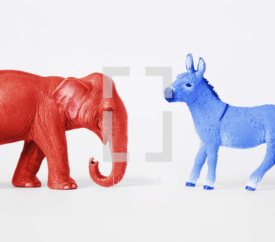 Red Republican elephant and blue Democratic donkey.