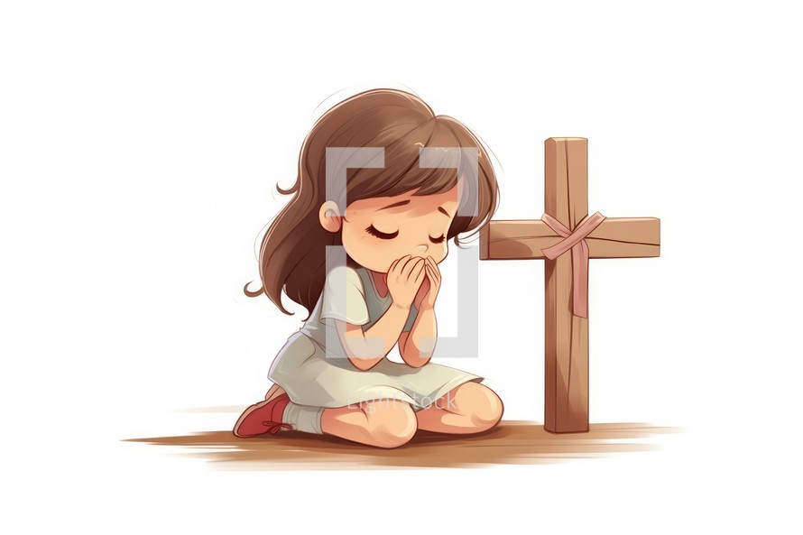 Illustration of a little girl praying with a cross on a white background. Cartoon style.