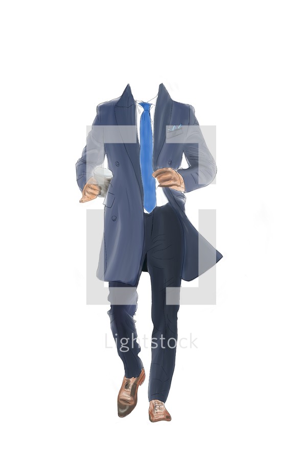 businessman in coat with a cup of coffee rushes to the meeting