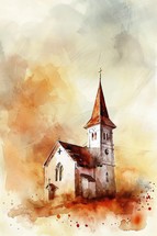 Watercolor illustration of a church on a background of watercolor stains.
