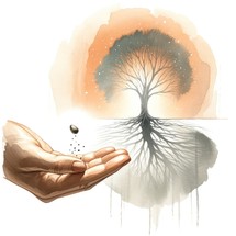 The mustard seed. Illustration of the hand of a man with a seed and a big tree in the background