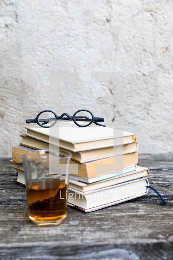 books and vintage glasses 