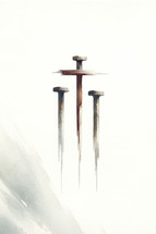 Arma Christi: Holy Nails, symbols of sacrifice. Watercolor illustration of three crosses in the shape of nails on a white background. Digital painting.
