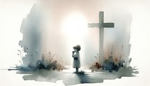 Illustration of a little boy praying in front of a cross