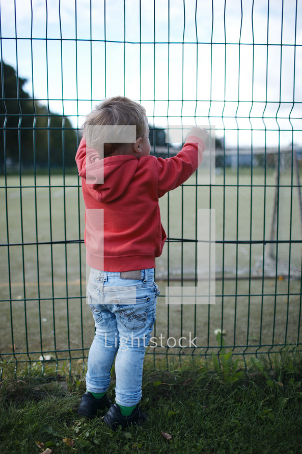 Little boy peering through a wire fence