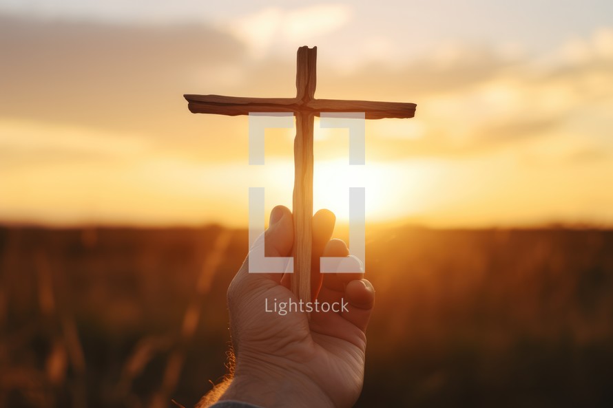 A person holds a cross in his hand against the background of the setting sun.