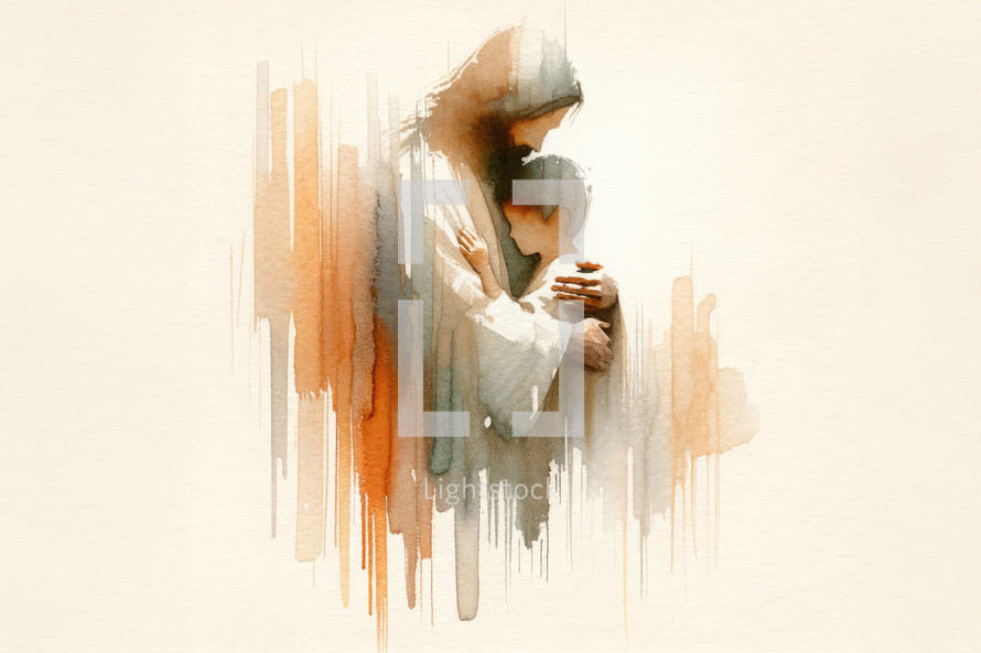 Jesus Christ embracing a child on abstract watercolor background. Watercolor painting