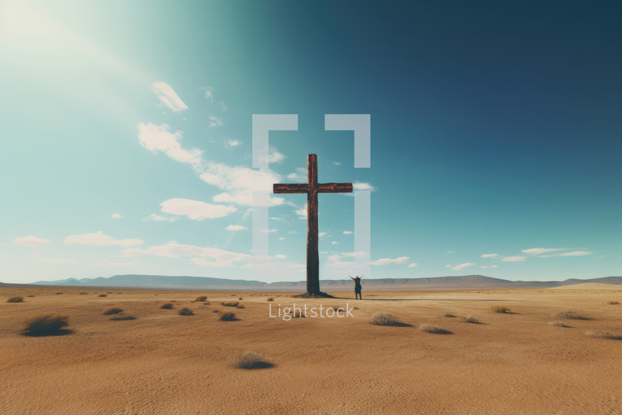 Cross in the desert with blue sky and clouds. 