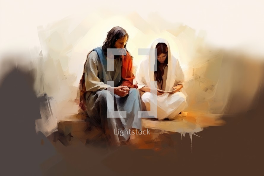Illustration of Jesus praying with a woman