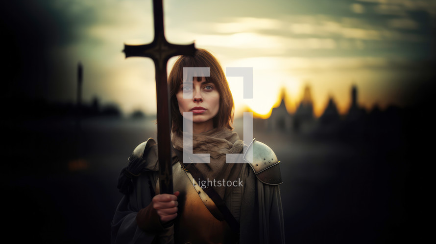 Joan of Arc, God's Warrior. Short haired young woman in armor at sunset