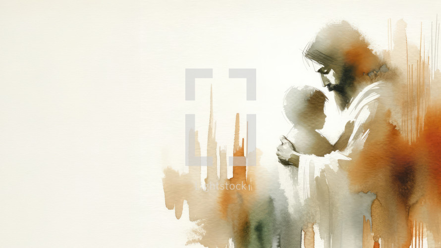 Watercolor illustration of Jesus Christ holding a child in his arms. Watercolor painting