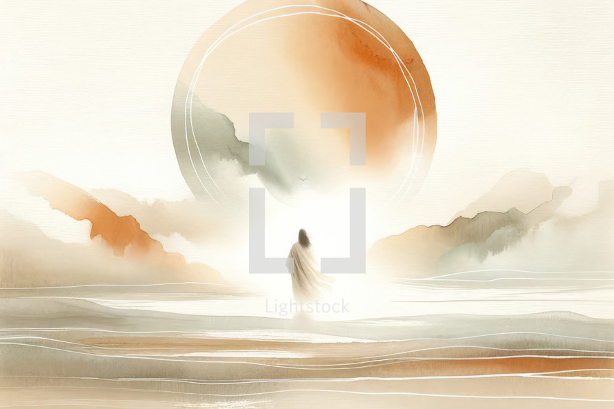 Watercolor illustration of Jesus Christ walking on water with a big sun in the background