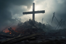 Horrors of war. Cross standing above destruction