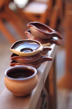 Ceramic bowl and individual soup bowls.