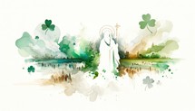  St. Patrick's Day. Green watercolor landscape with Saint silhouette, church and clover leaves.