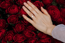 she said yes. close-up of woman hand with engagement rings. Hand of the on the background of the big bouquet of red roses. romantic proposal time.