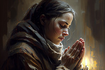 Oil painting of a young woman in prayer