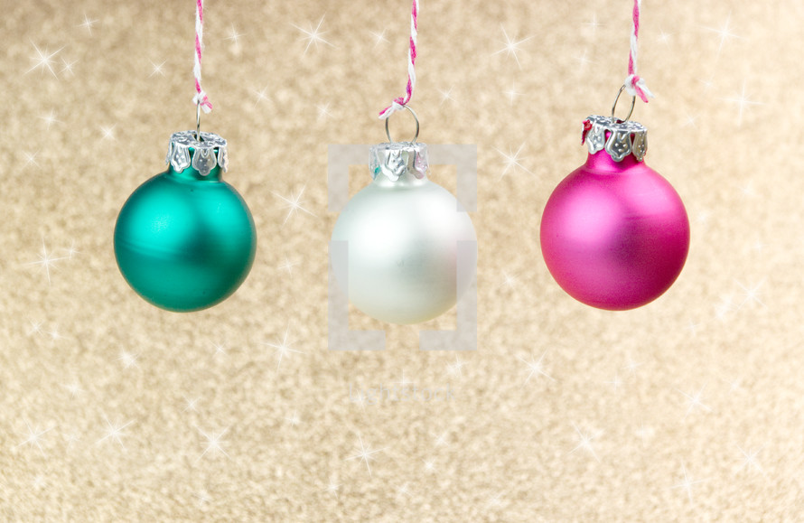 green, white, pink Christmas ornaments, glitter, rose gold