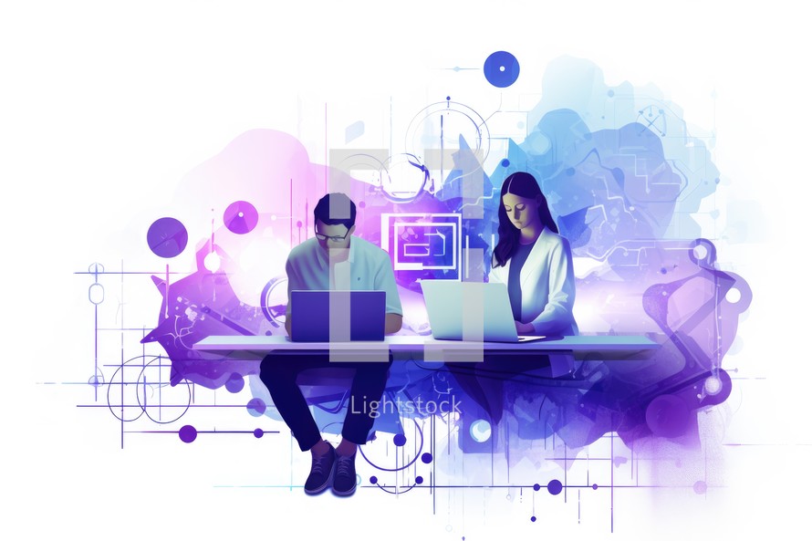 Bible Study. Young man and woman sitting at table with laptop in hands. Digital illustration