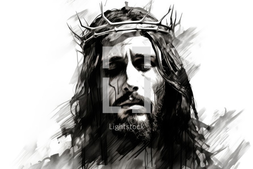 Jesus Christ with crown of thorns. Hand-drawn illustration.