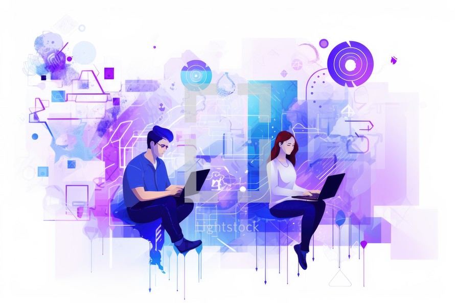 Bible Study. Man and woman working on laptops. Vector illustration.
