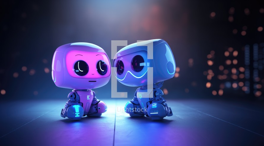 3d rendering of two cute robot characters standing in front of dark background