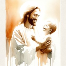  Portrait of Jesus Christ holding a baby, smiling. Digital watercolor painting.