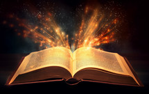 Open sacred bible on table with spiritual light