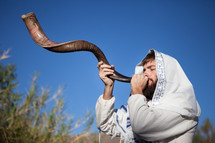 Levitical Priest blowing the Shofar, jewish Bible Character for the Coming King