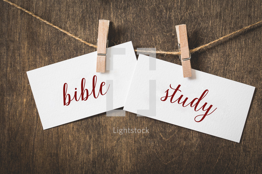 word Bible Study on card stock hanging on twine by a clothespin 