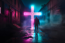 Neon Cross at a Back Alley